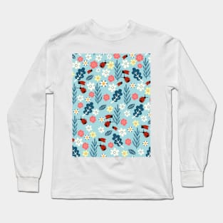 Spring meadow in bloom with ladybirds on blue background Long Sleeve T-Shirt